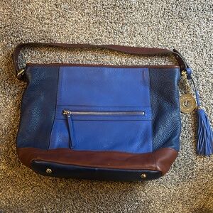 Isaac Mizrahi 2 tone Blue and Brown Leather Shoulder Bag